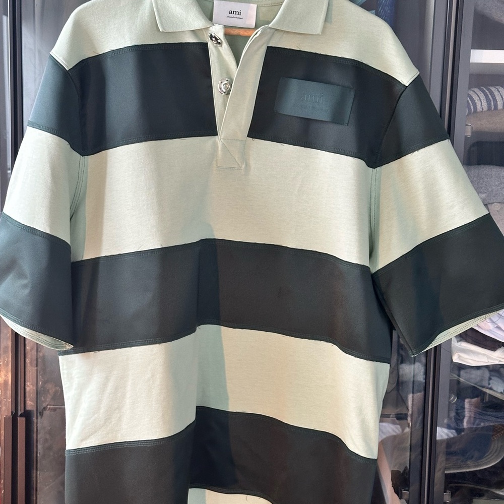 Ami Men's Green Striped Polo Shirt